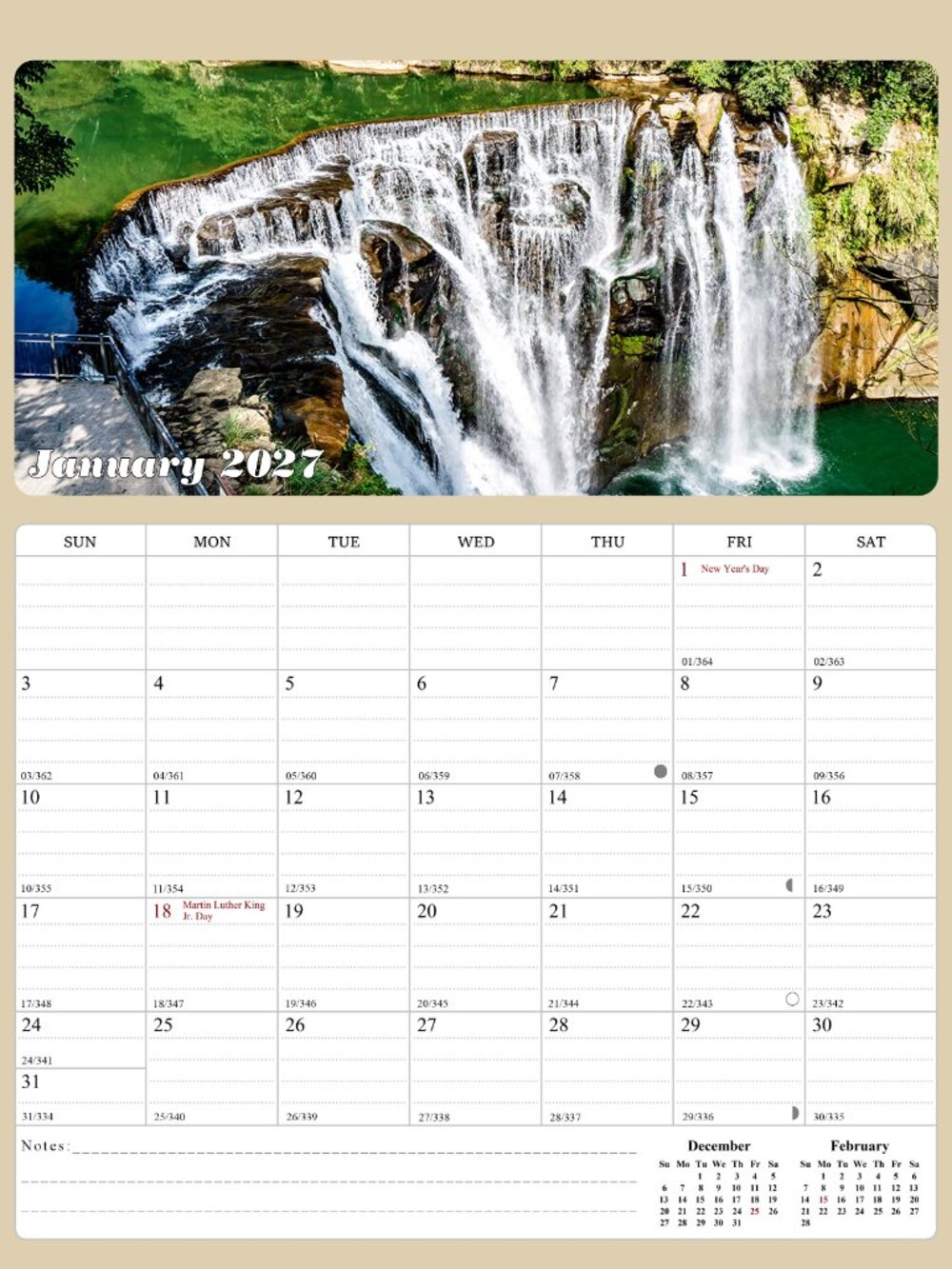 2027 Calendar Magnetic Peel & Stick 12 Months 8.5" x 11" Waterfalls